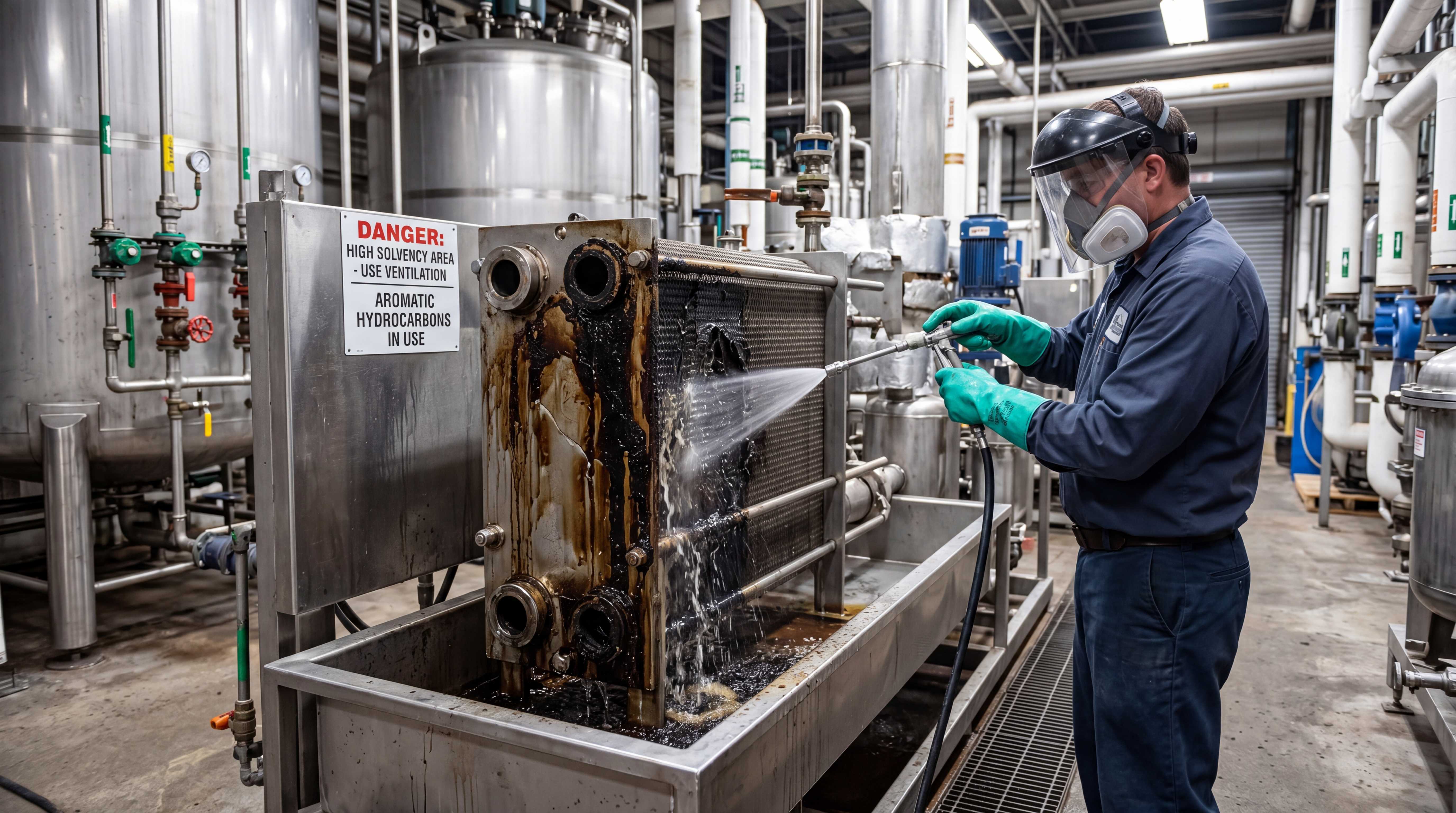 Industrial cleaning with aromatic hydrocarbons showing ventilation and safety requirements in high-solvency maintenance areas